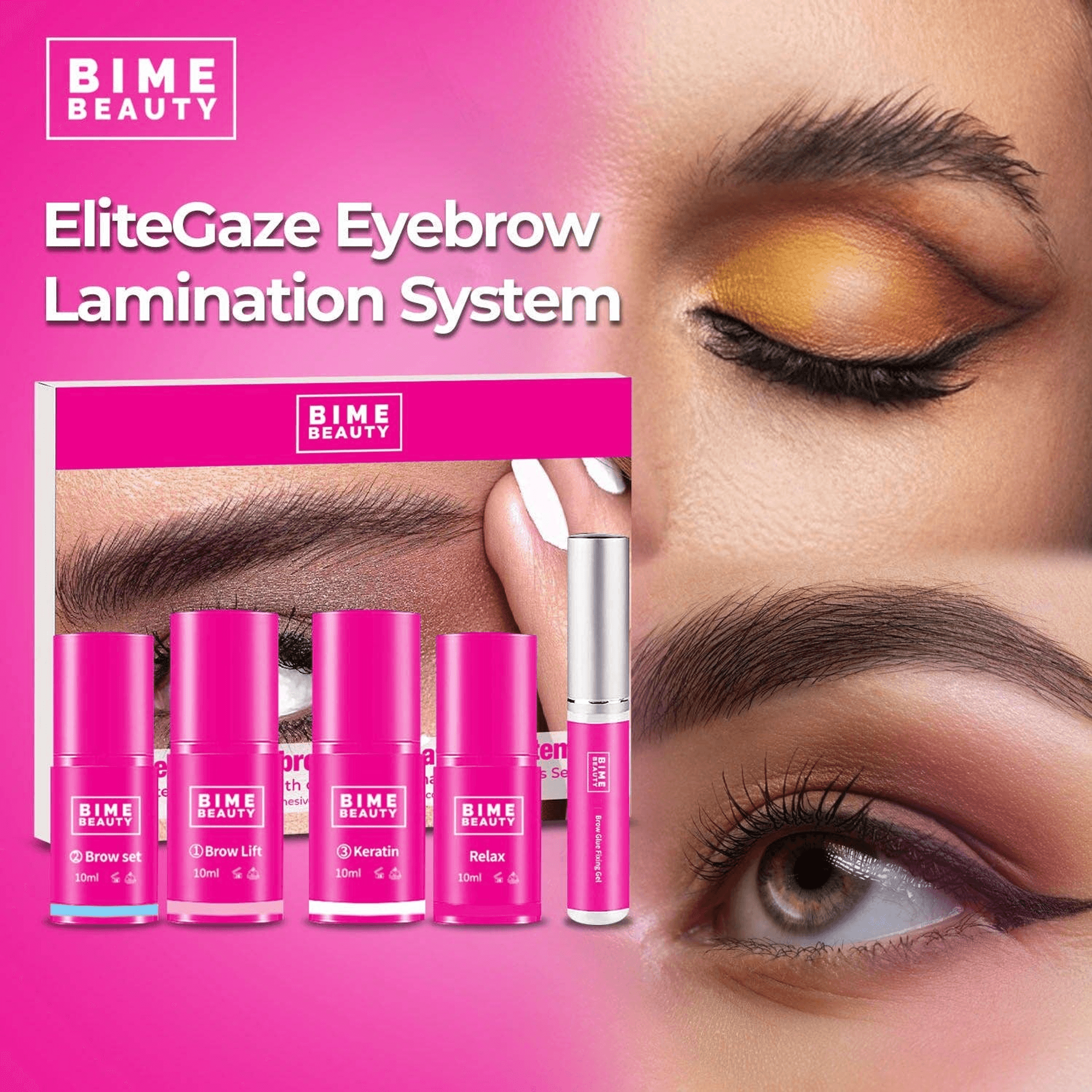 EliteGaze eyebrow lamination kit with pink bottles and applicator stick, BIME BEAUTY labels