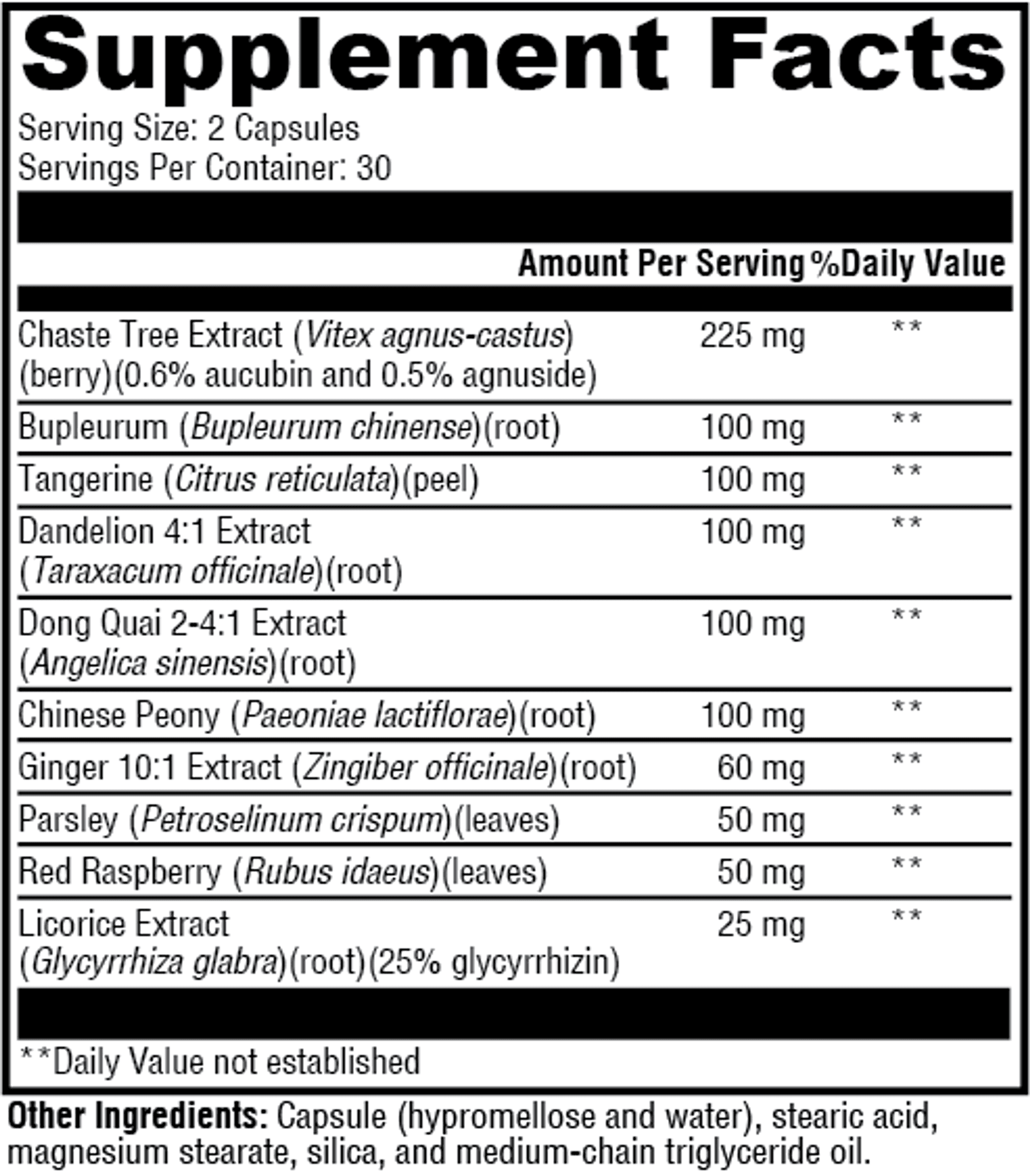 Supplement Facts label for Tomorrow's Leaf Herbal PMS Relief with ingredients and amounts