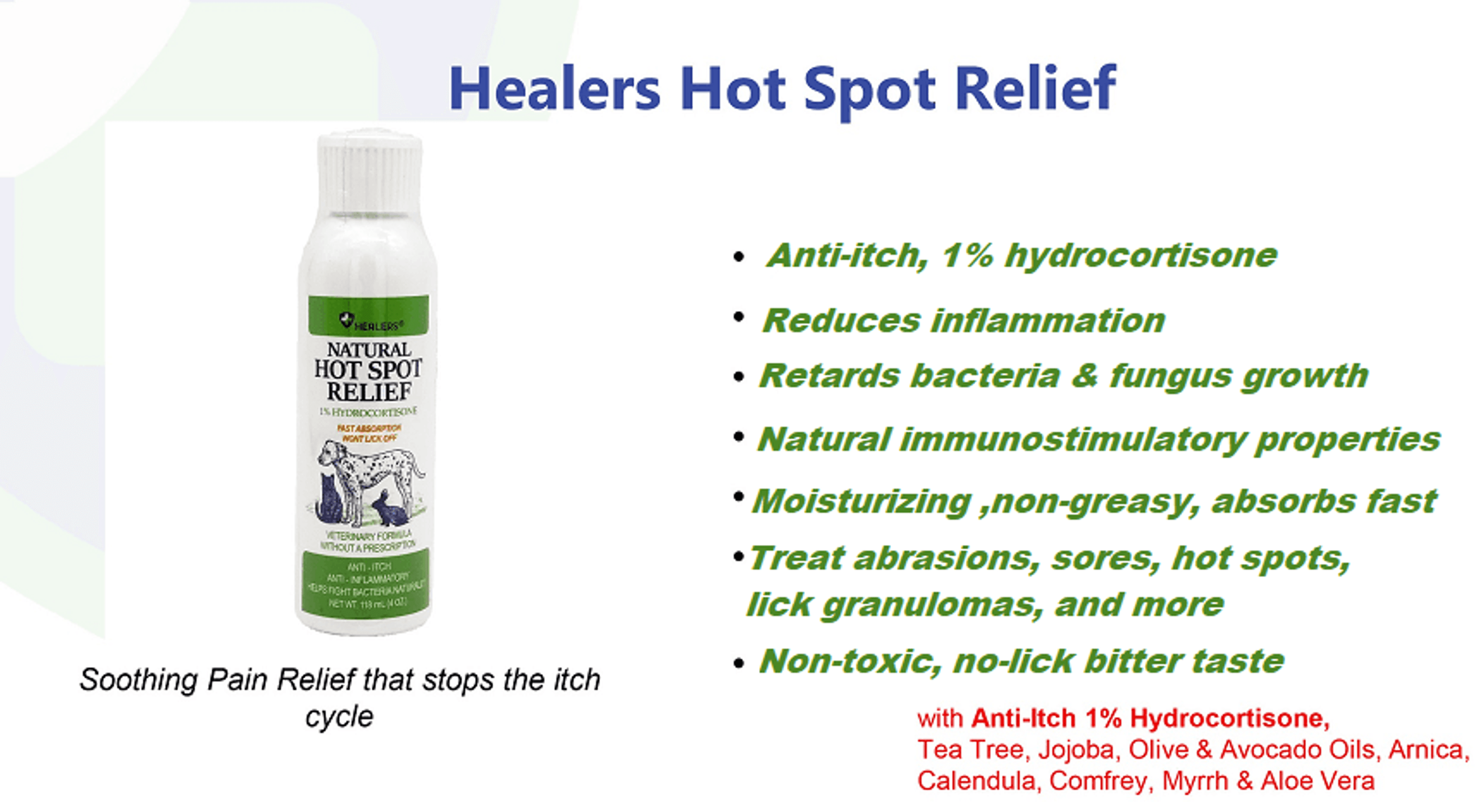 Healers Natural Hot Spot Relief pet spray bottle with white cap and green label