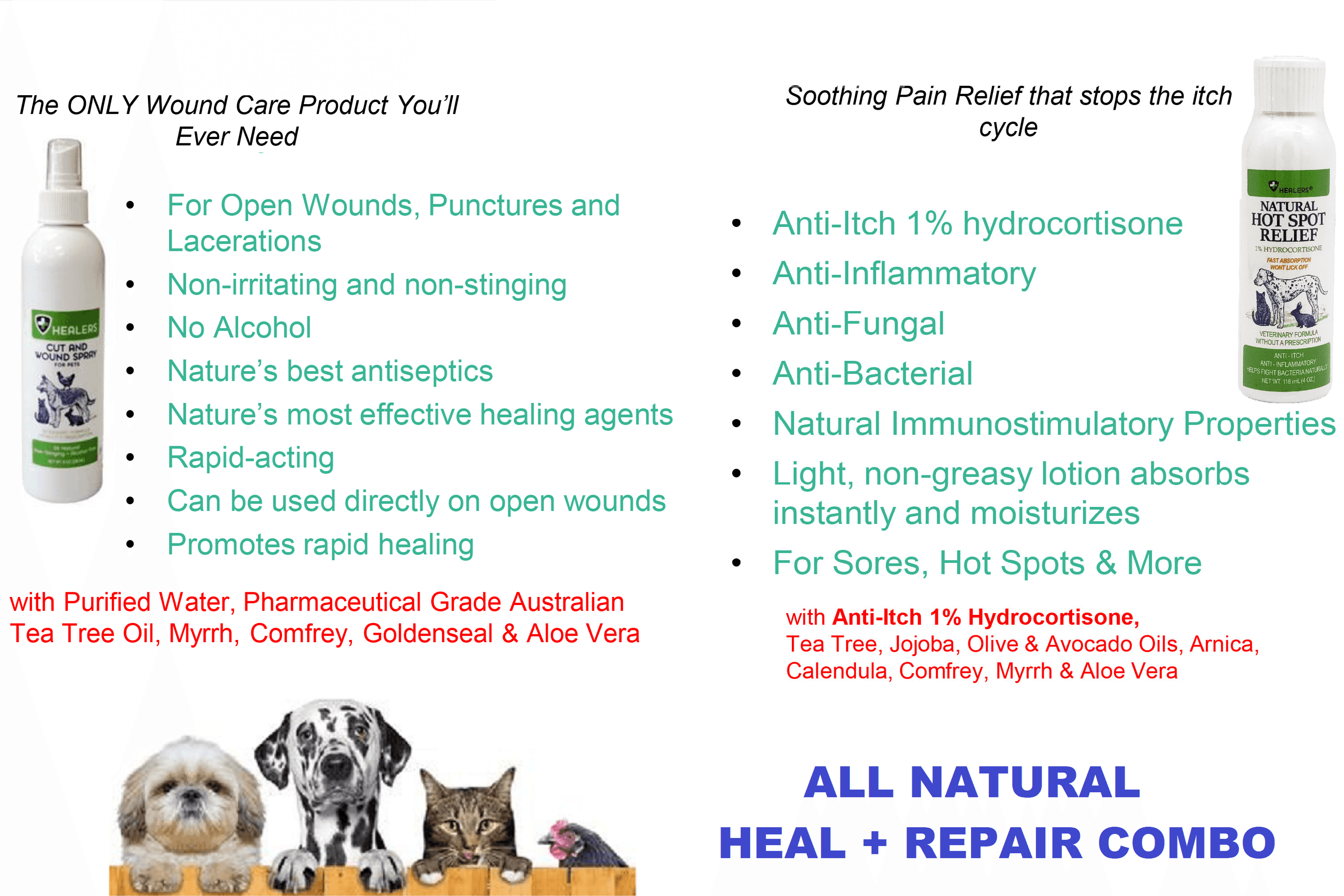 Healers hot spot relief and cut and wound spray bottles for pets