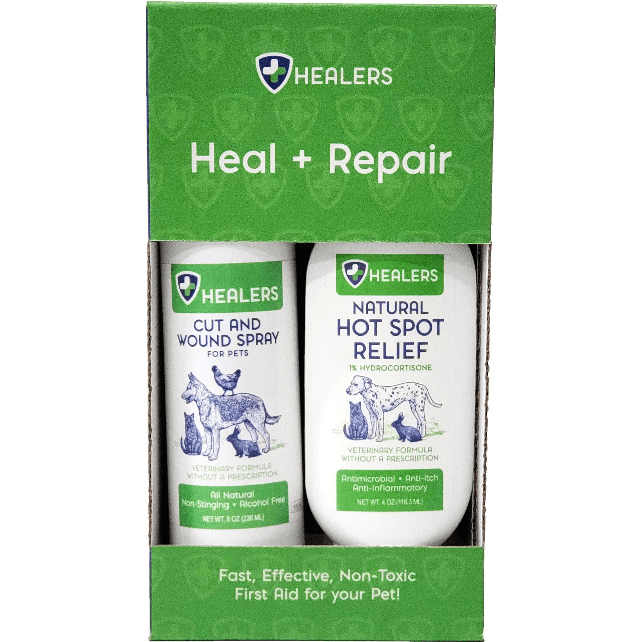 Healers Heal + Repair kit box with two pet spray bottles inside
