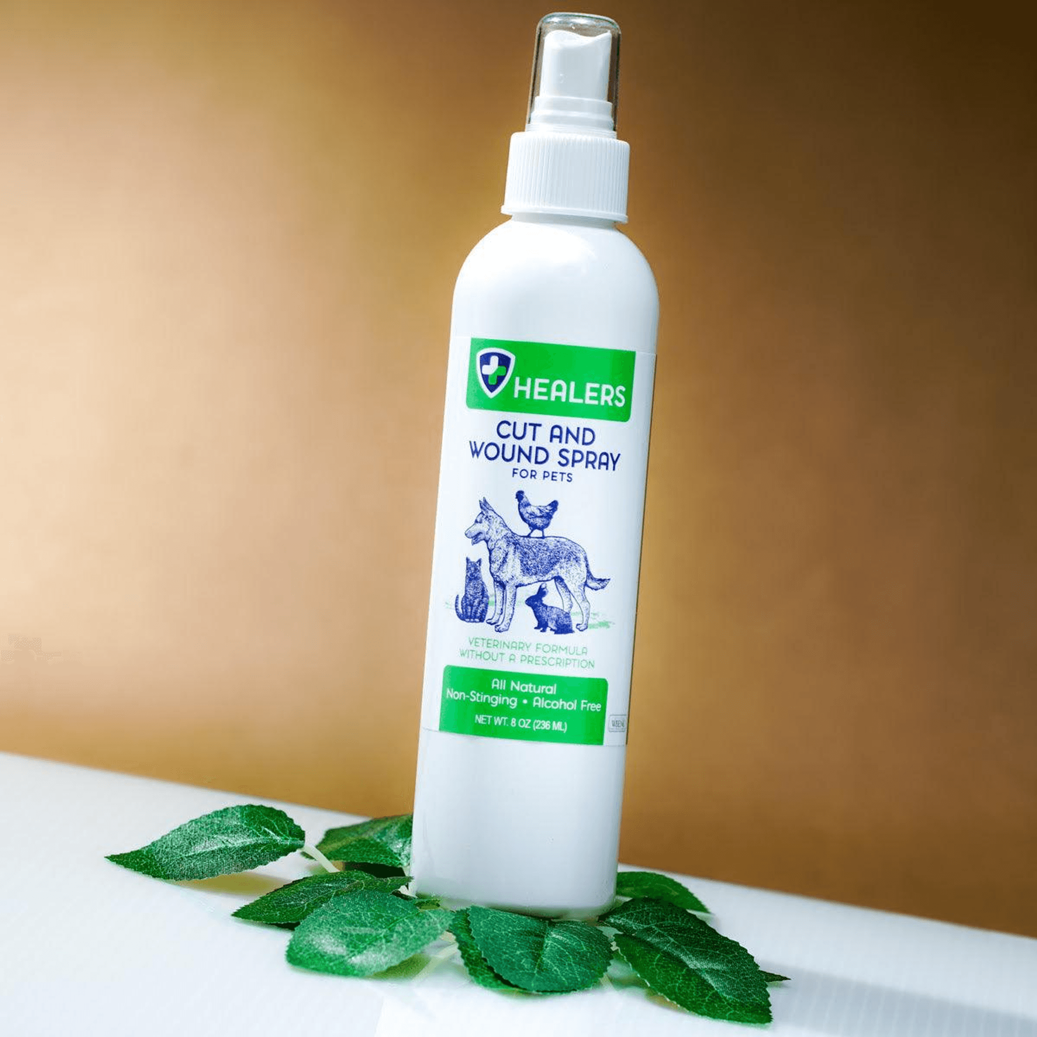 Healers cut and wound spray bottle for pets with pump and green label