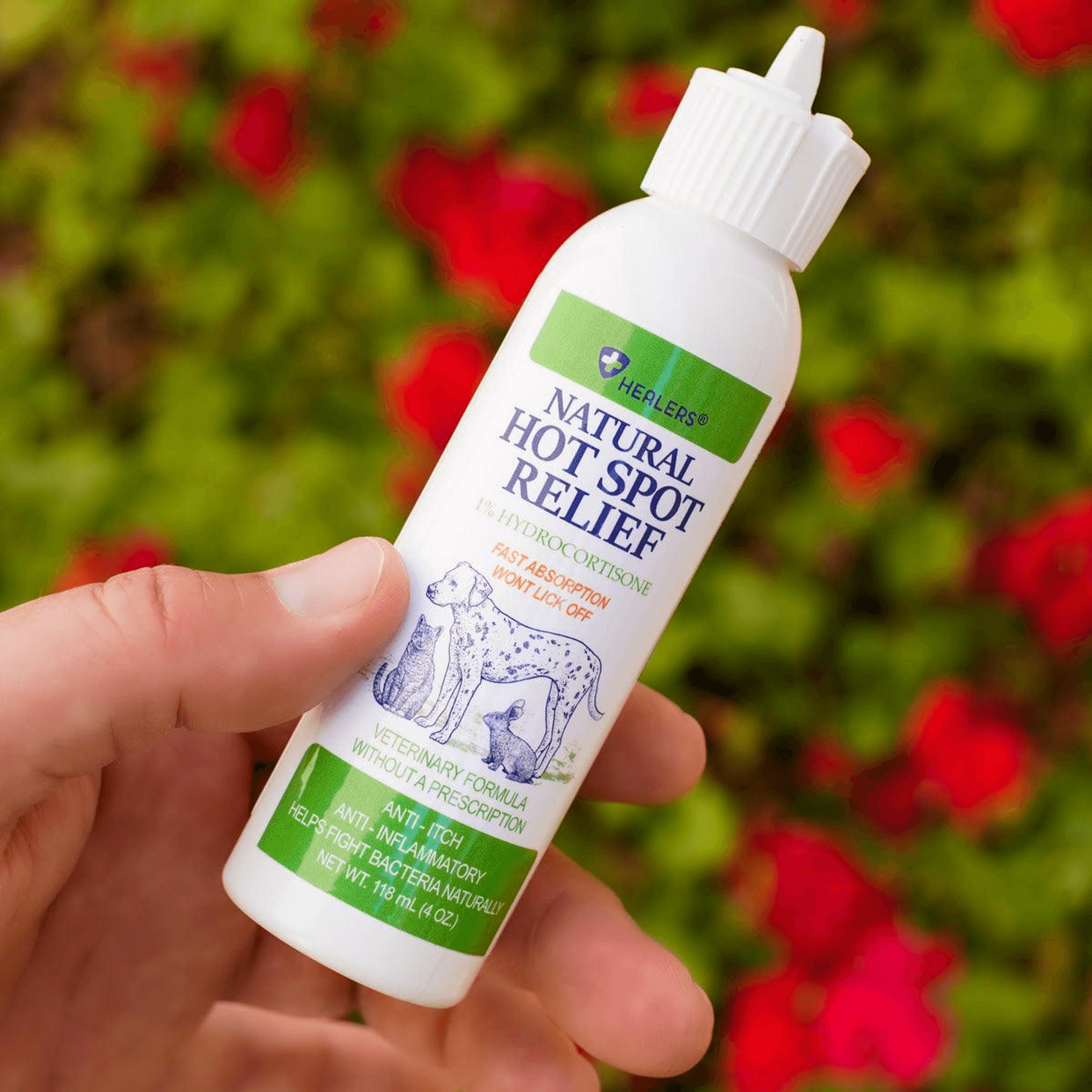 Hand holding Healers Natural Hot Spot Relief pet spray bottle with white cap