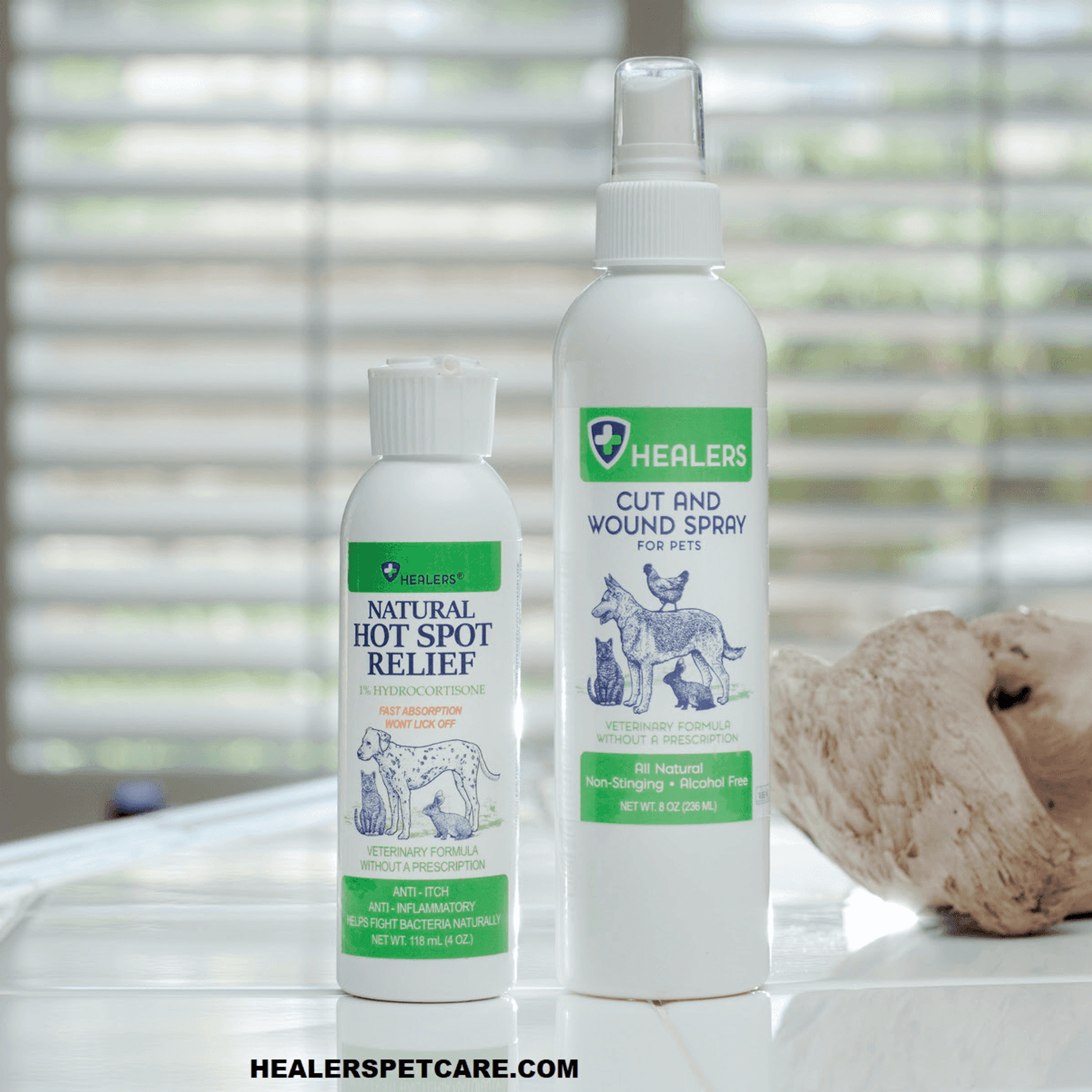 Two Healers pet spray bottles, Natural Hot Spot Relief and Cut and Wound Spray