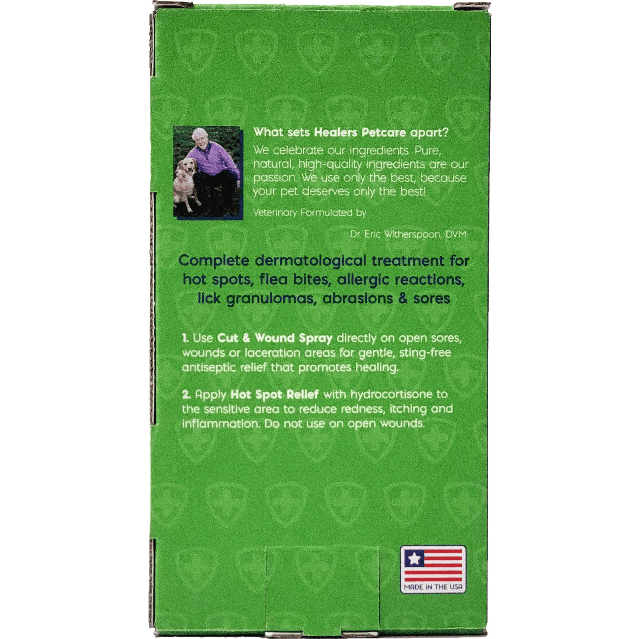 Green Healers pet care kit box back panel with instructions and certification mark