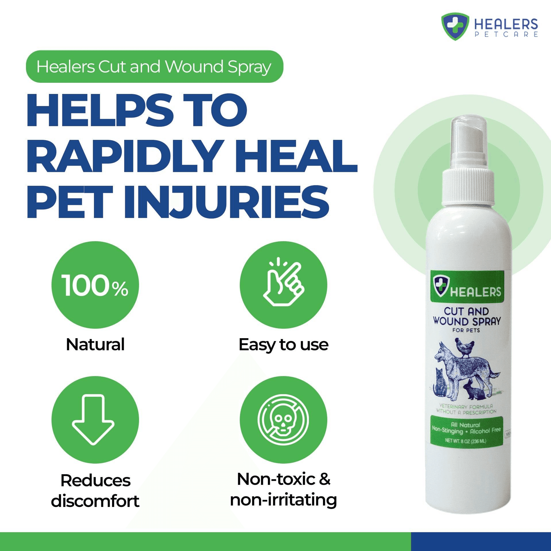 Healers cut and wound spray pump bottle for pets with white cap and green label
