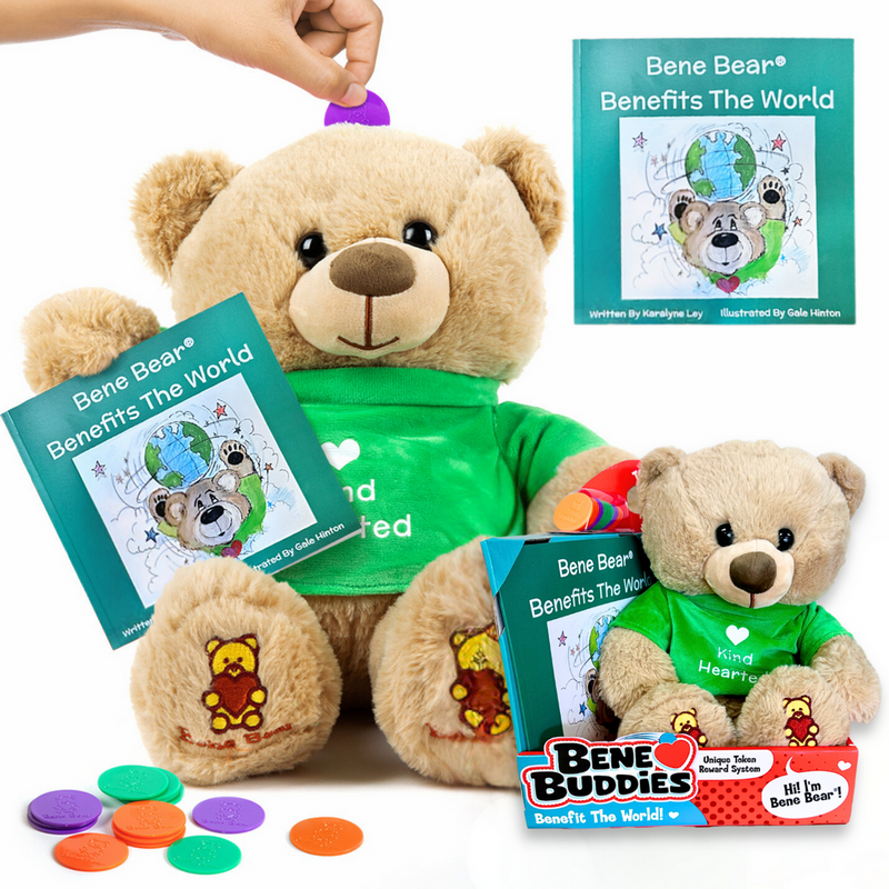 Bene Bear Kit plush bear with book, colored discs, and product box
