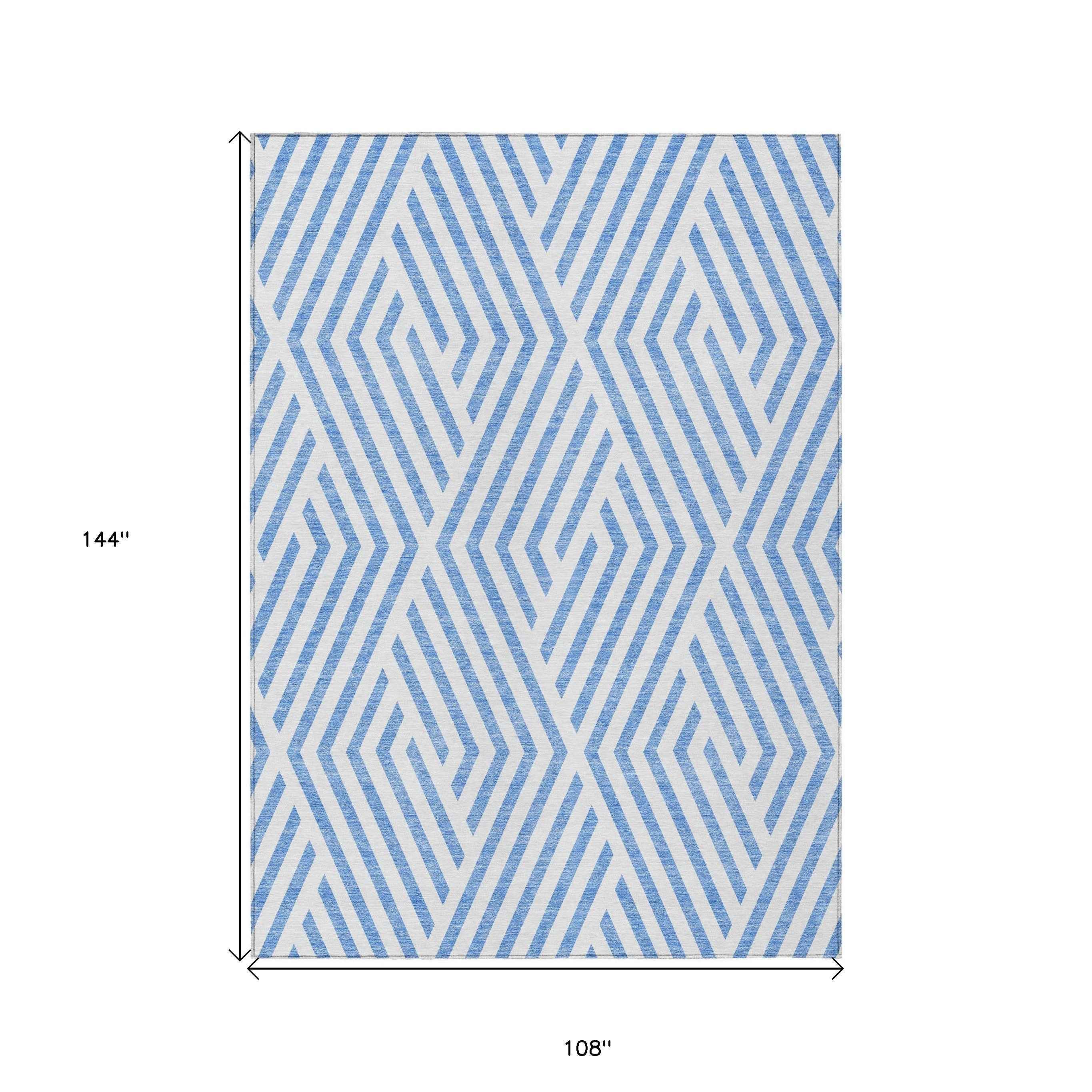 9' X 12' Blue and Ivory Geometric Washable Non Skid Indoor Outdoor Area Rug