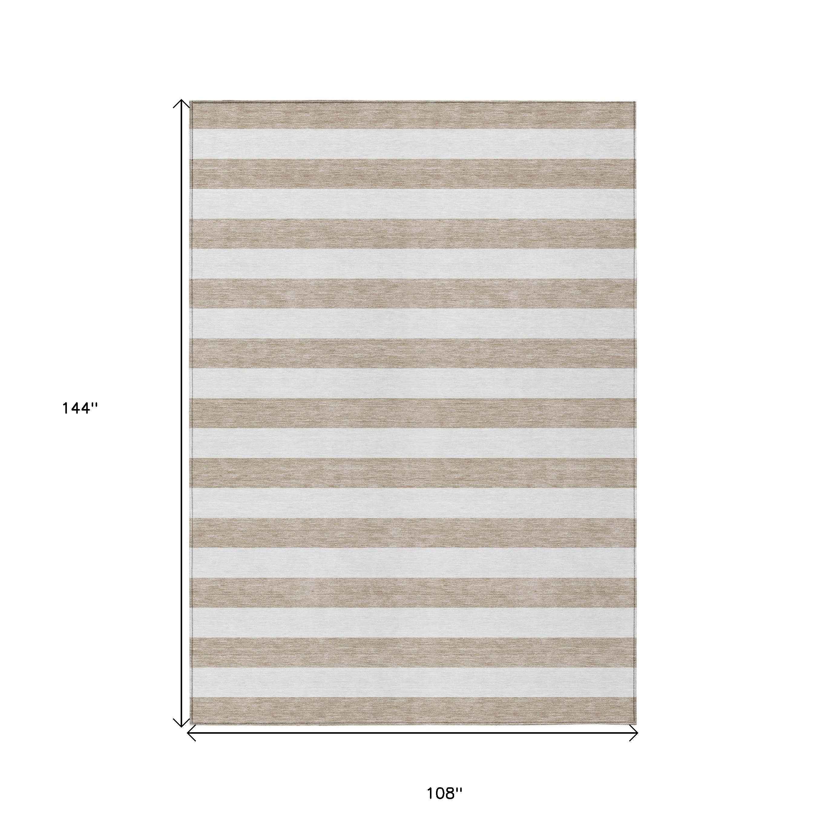 9' X 12' Taupe and White Striped Washable Indoor Outdoor Area Rug