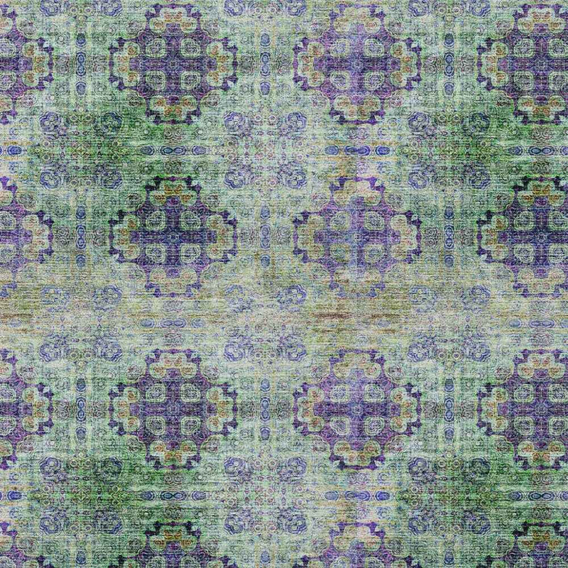 5' X 8' Purple and Green Floral Medallion Washable Non Skid Indoor Outdoor Area Rug