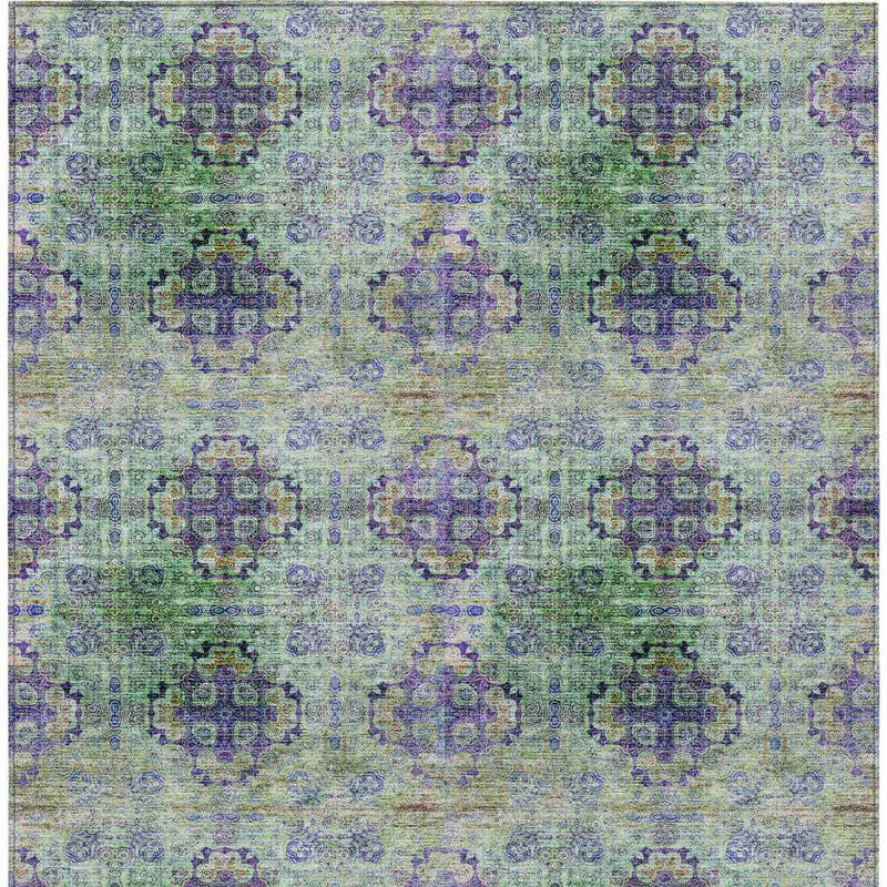 5' X 8' Purple and Green Floral Medallion Washable Non Skid Indoor Outdoor Area Rug