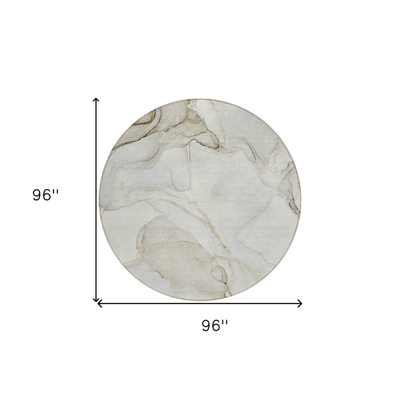 8' Round Beige and Ivory Round Abstract Washable Non Skid Indoor Outdoor Area Rug