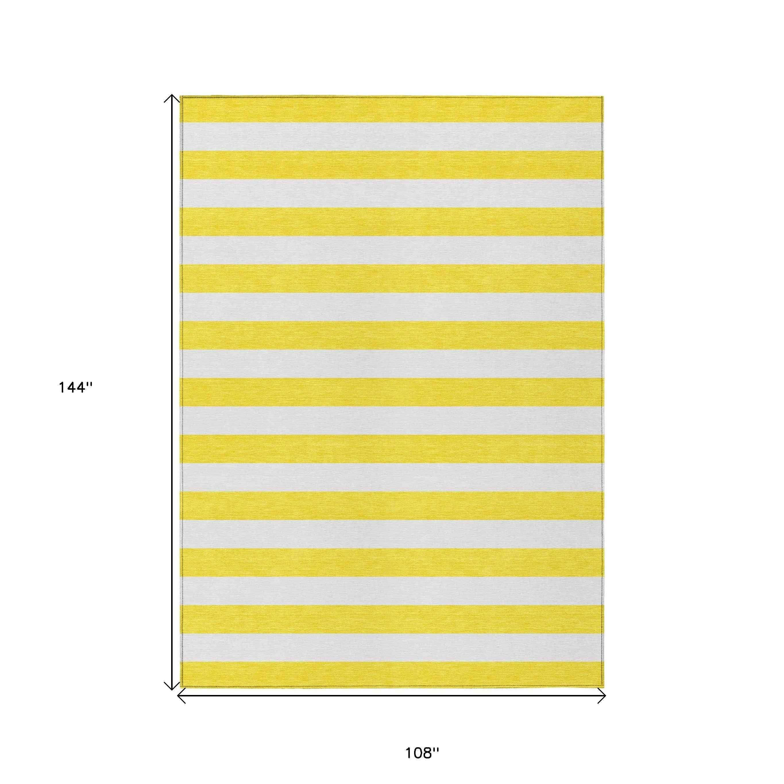 9' X 12' Yellow and White Striped Washable Indoor Outdoor Area Rug
