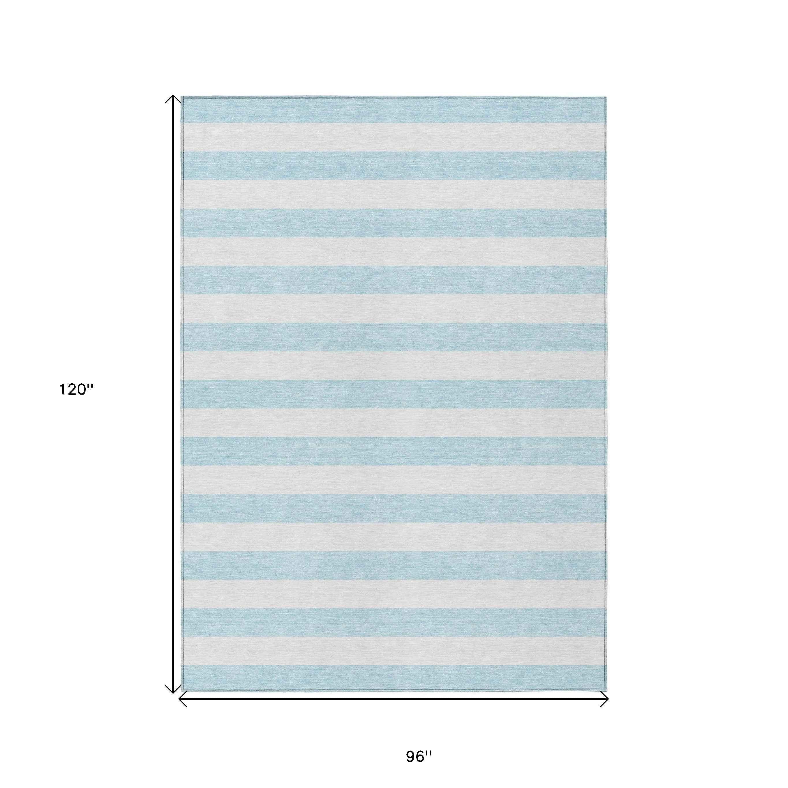 8' X 10' Blue and White Striped Washable Indoor Outdoor Area Rug