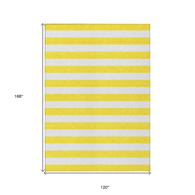 10' X 14' Yellow and White Striped Washable Indoor Outdoor Area Rug