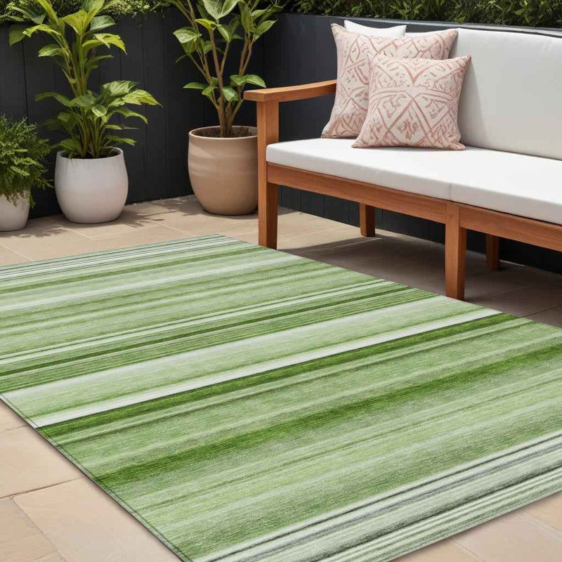 10' X 14' Artichoke Green Striped Washable Indoor Outdoor Area Rug