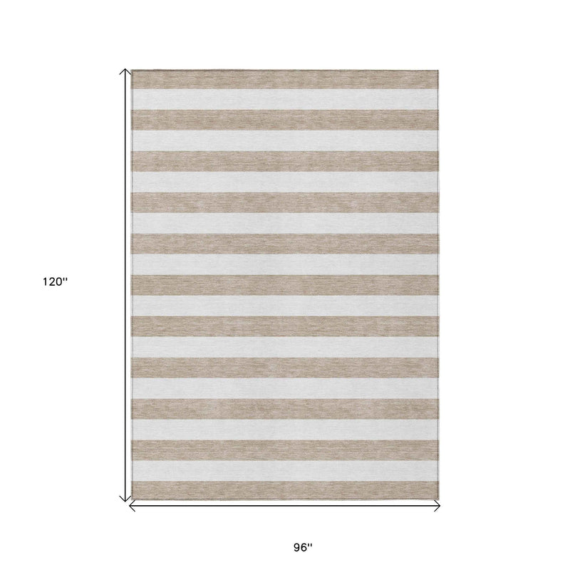 8' X 10' Taupe and White Striped Washable Indoor Outdoor Area Rug