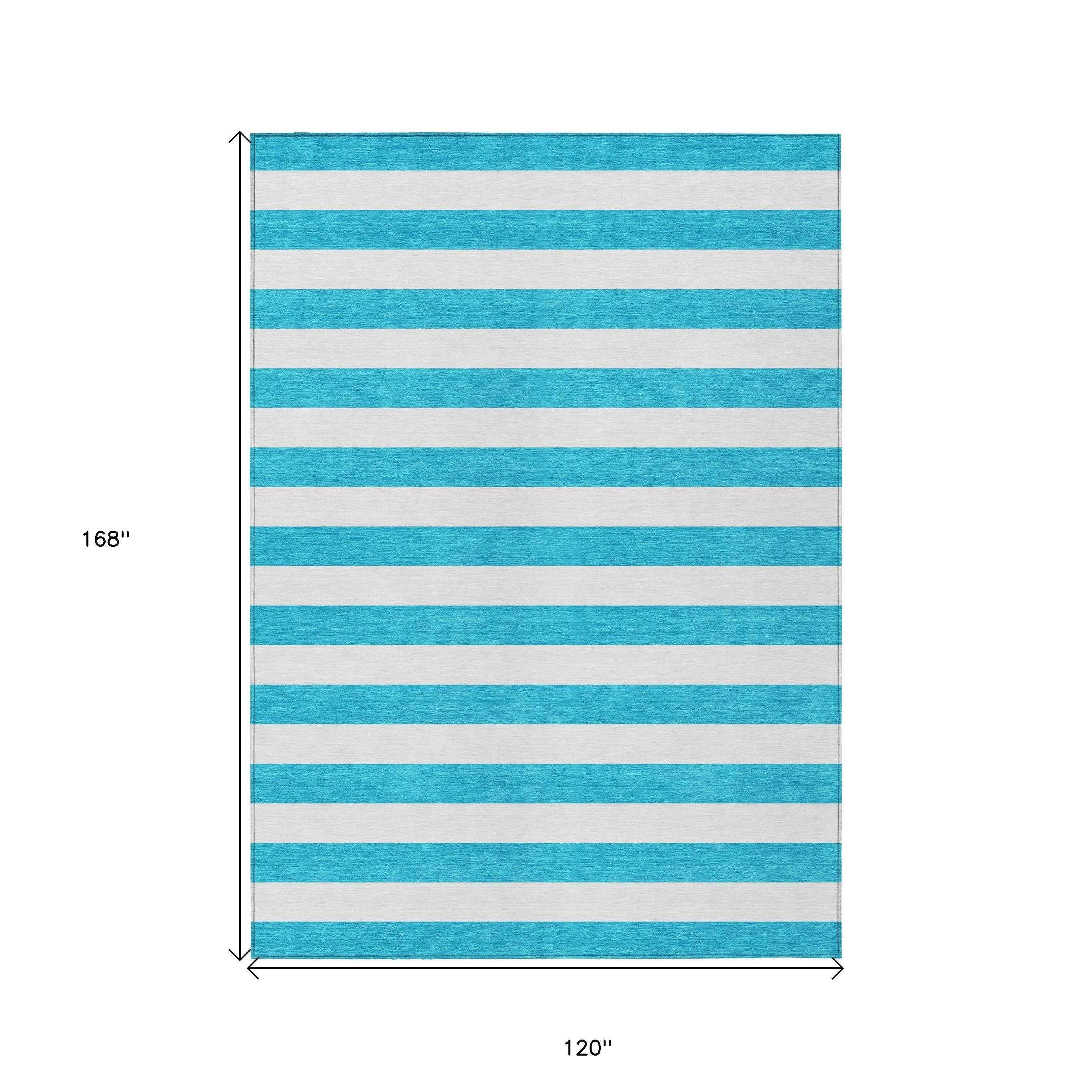 10' X 14' Teal and White Striped Washable Indoor Outdoor Area Rug