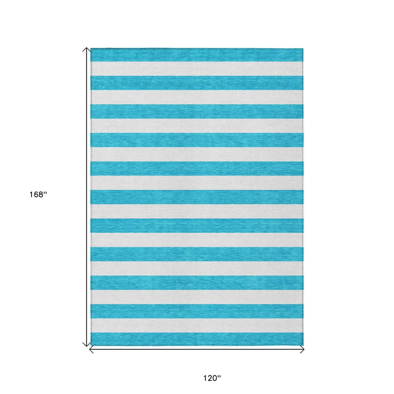 10' X 14' Teal and White Striped Washable Indoor Outdoor Area Rug