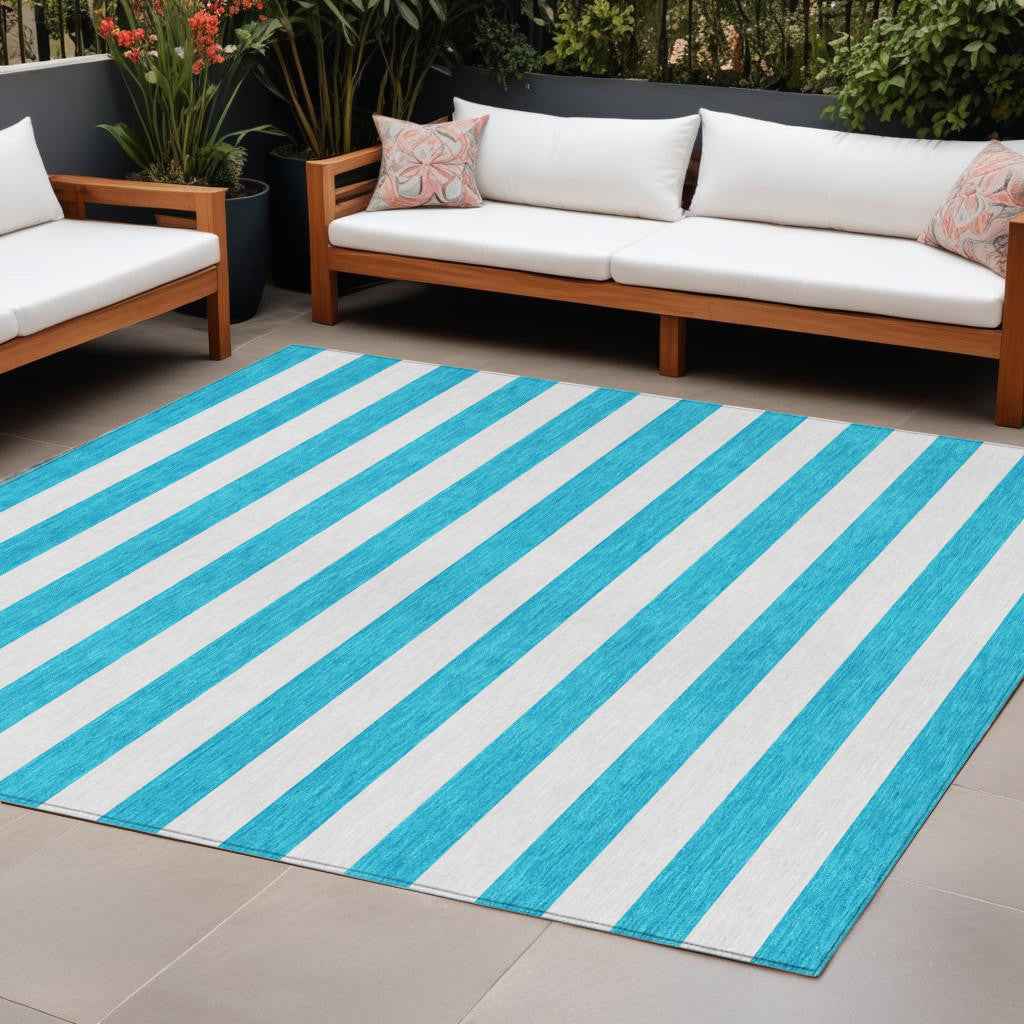 10' X 14' Teal and White Striped Washable Indoor Outdoor Area Rug
