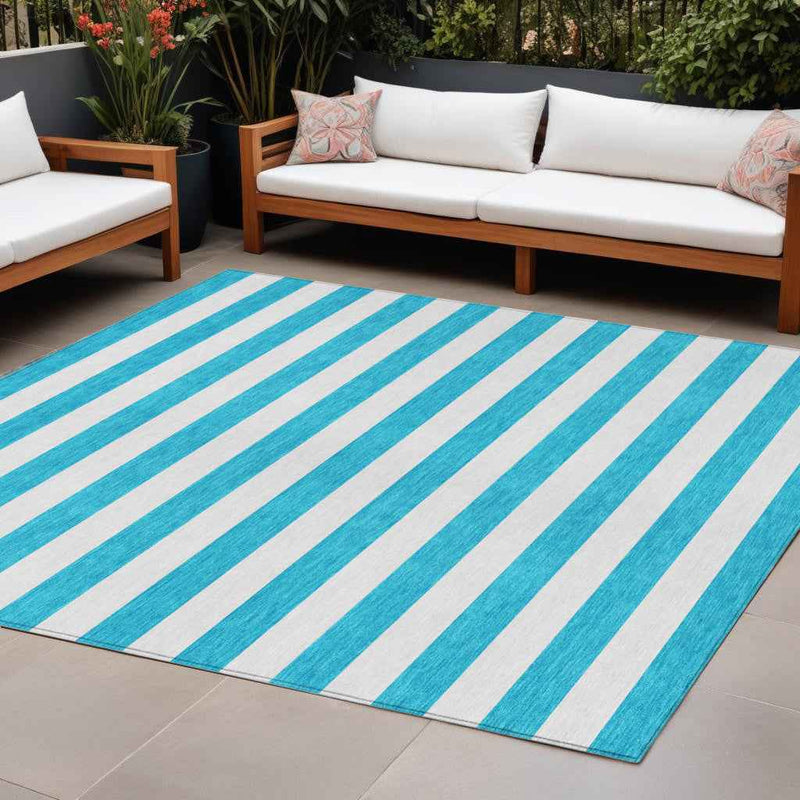 10' X 14' Teal and White Striped Washable Indoor Outdoor Area Rug