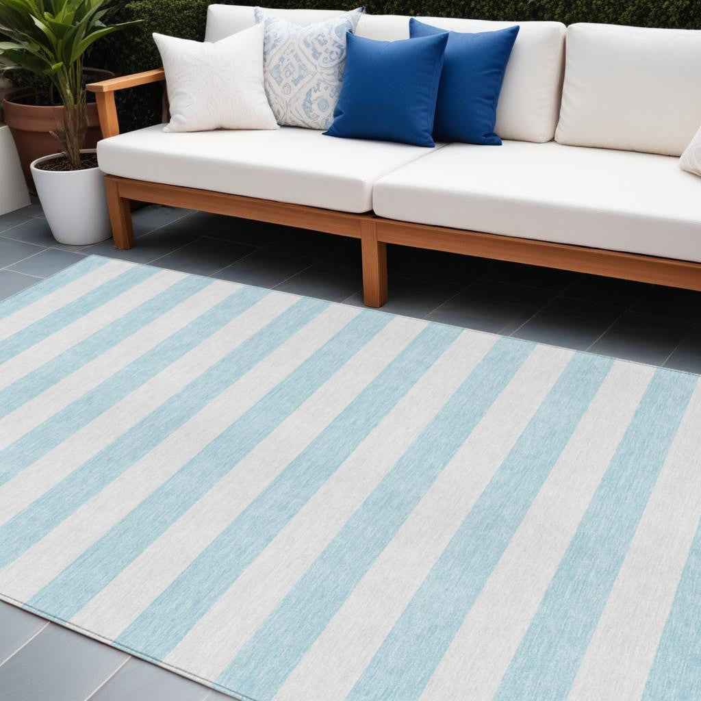 10' X 14' Blue and White Striped Washable Indoor Outdoor Area Rug