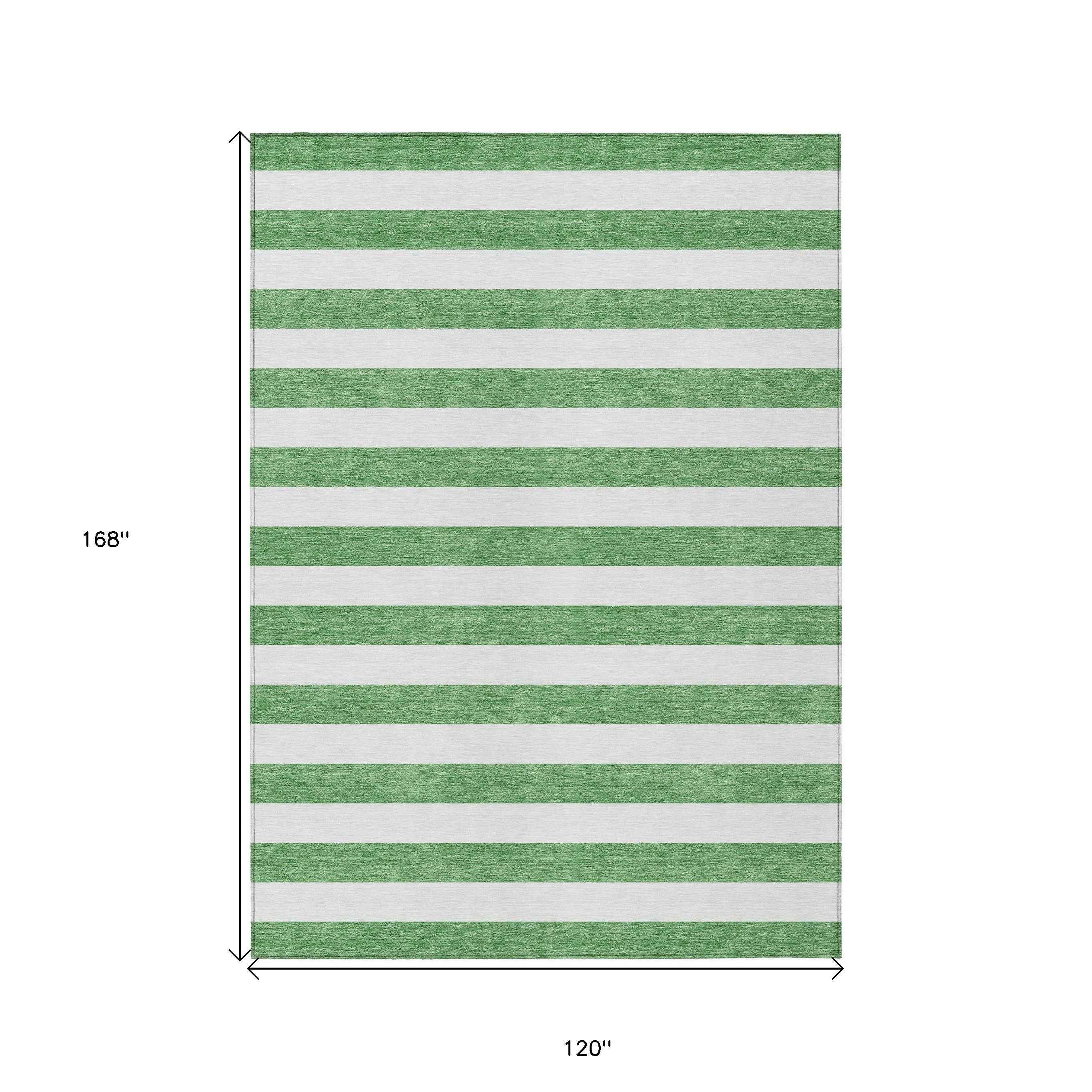 10' X 14' Green and White Striped Washable Indoor Outdoor Area Rug