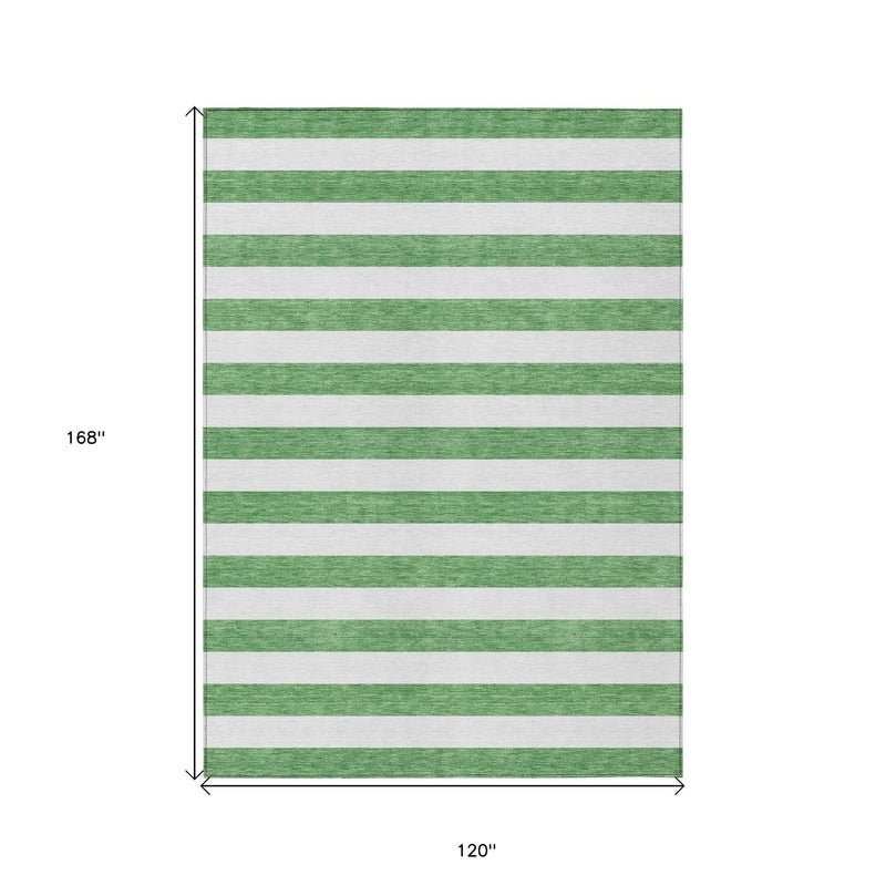 10' X 14' Green and White Striped Washable Indoor Outdoor Area Rug
