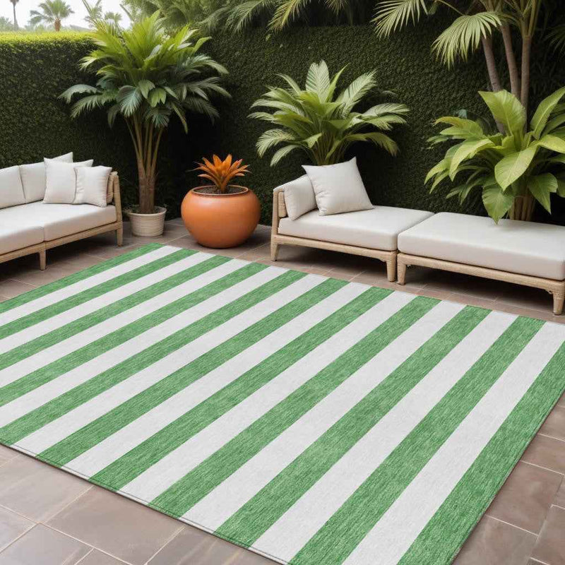10' X 14' Green and White Striped Washable Indoor Outdoor Area Rug