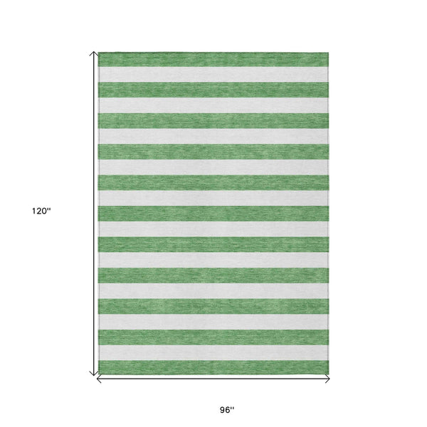 8' X 10' Green and White Striped Washable Indoor Outdoor Area Rug