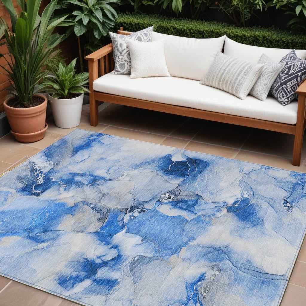 10' X 14' Navy Blue Abstract Washable Indoor Outdoor Area Rug