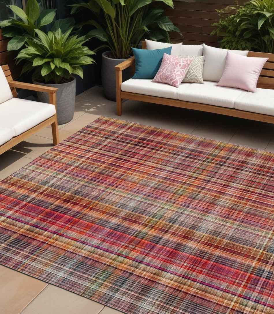 10' X 14' Red Orange and Brown Plaid Washable Non Skid Indoor Outdoor Area Rug