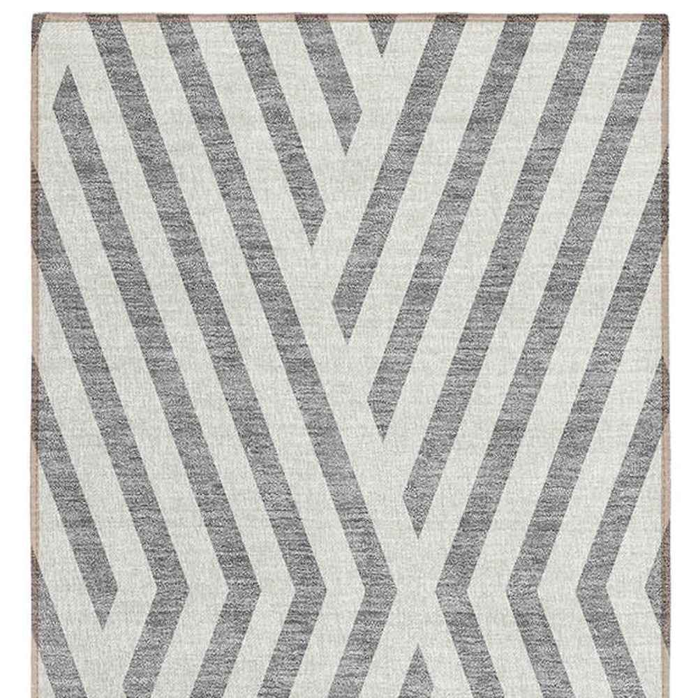 8' Gray And Ivory Geometric Washable Indoor Outdoor Runner Rug