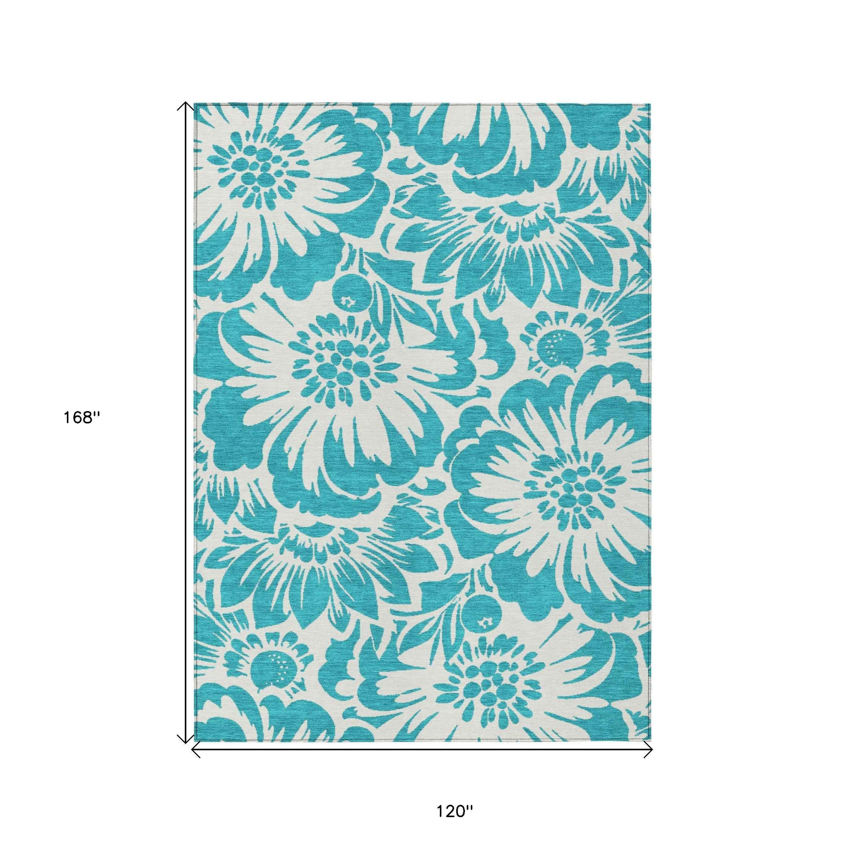 10' X 14' Teal and Ivory Floral Washable Non Skid Indoor Outdoor Area Rug