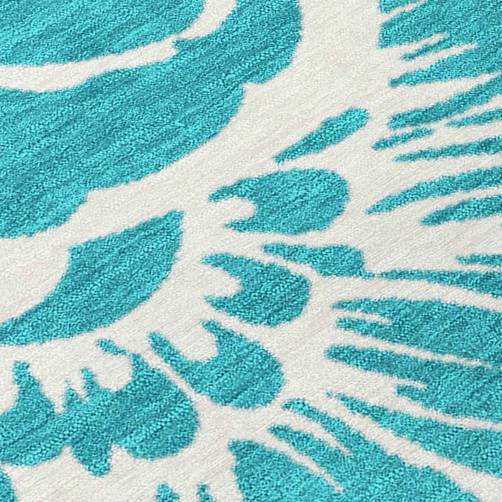 10' X 14' Teal and Ivory Floral Washable Non Skid Indoor Outdoor Area Rug
