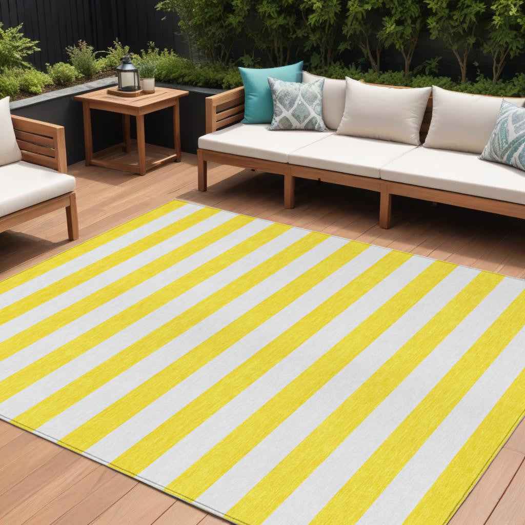 8' X 10' Yellow and White Striped Washable Indoor Outdoor Area Rug