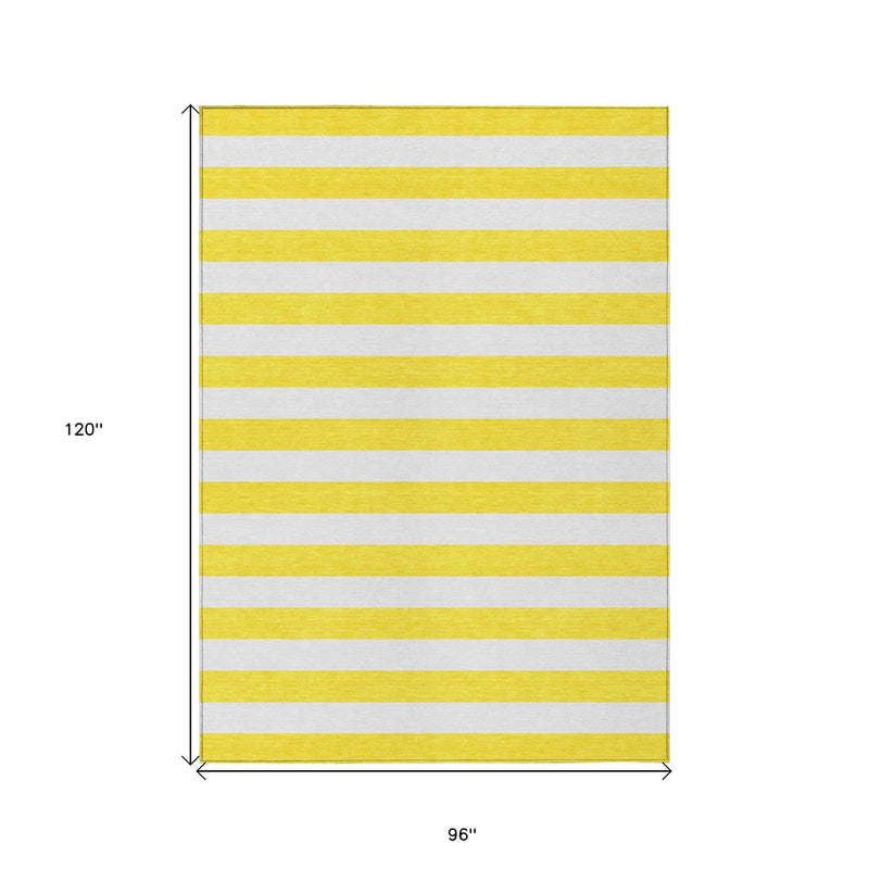 8' X 10' Yellow and White Striped Washable Indoor Outdoor Area Rug