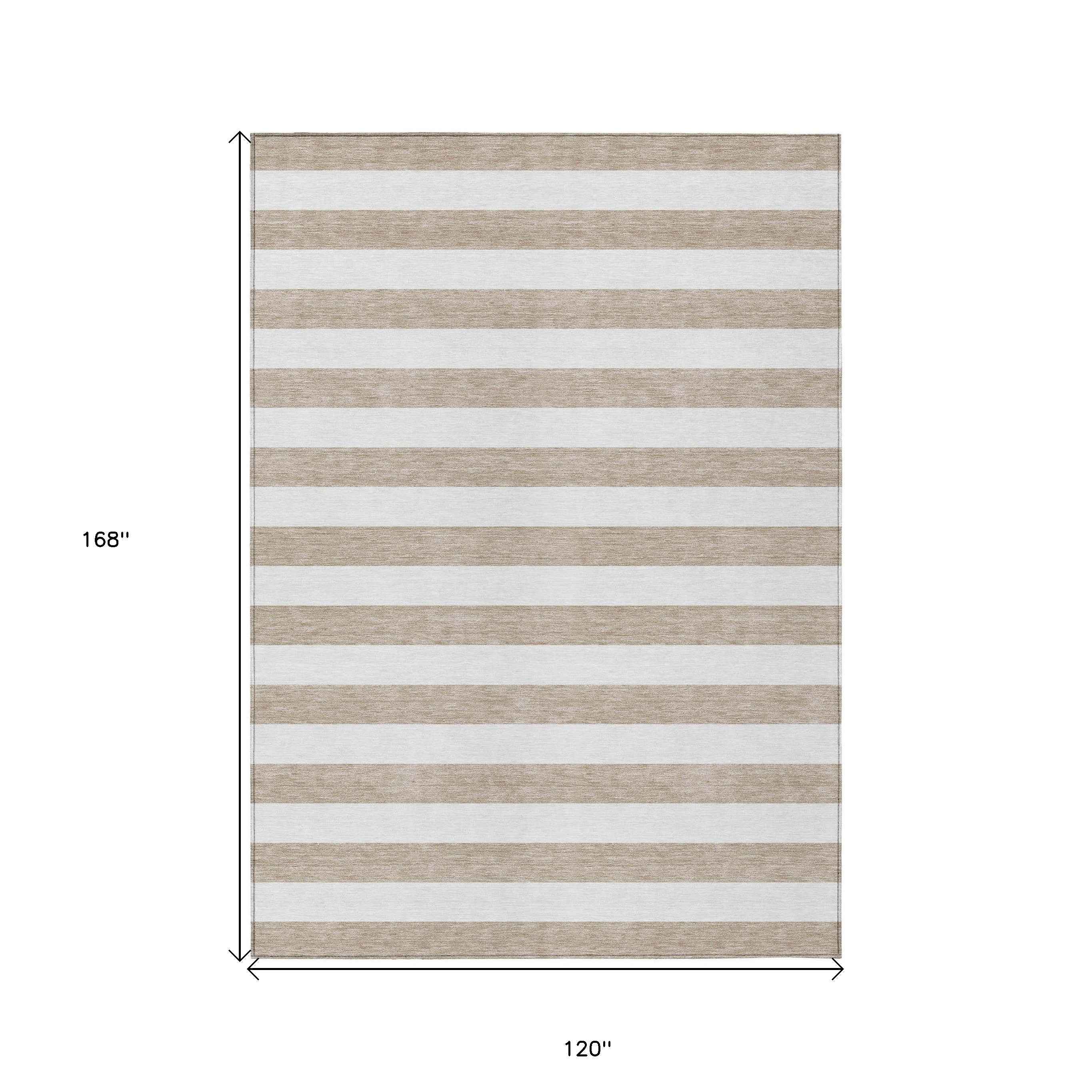 10' X 14' Taupe and White Striped Washable Indoor Outdoor Area Rug