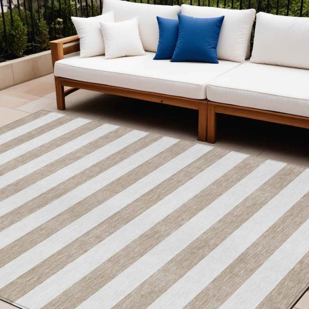 10' X 14' Taupe and White Striped Washable Indoor Outdoor Area Rug