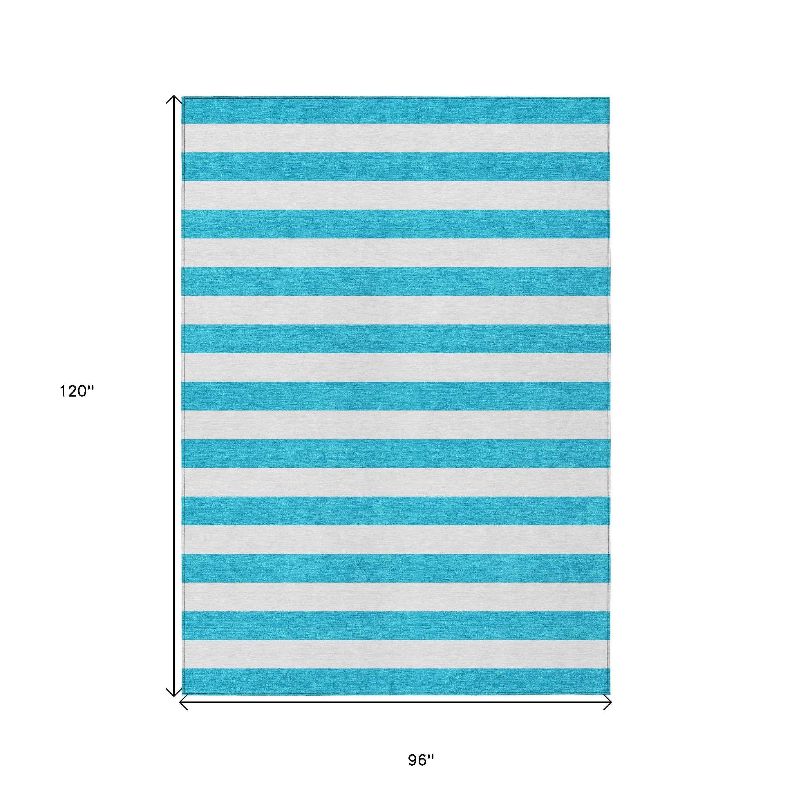 8' X 10' Teal and White Striped Washable Indoor Outdoor Area Rug