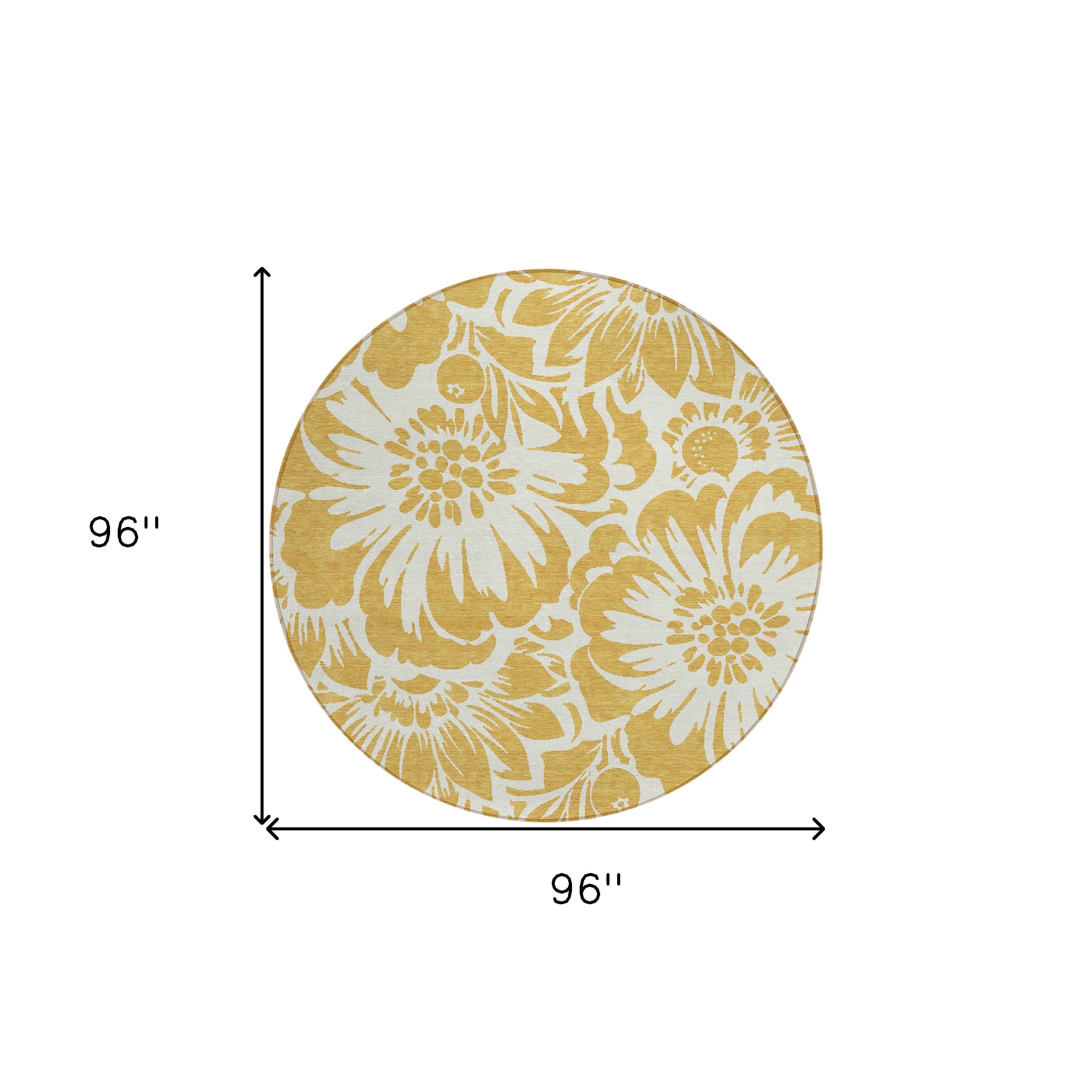 8' Round Gold and White Round Floral Washable Non Skid Indoor Outdoor Area Rug