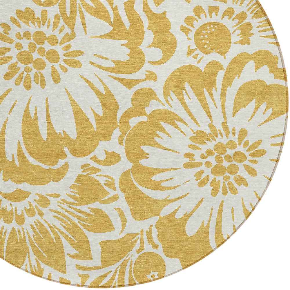 8' Round Gold and White Round Floral Washable Non Skid Indoor Outdoor Area Rug