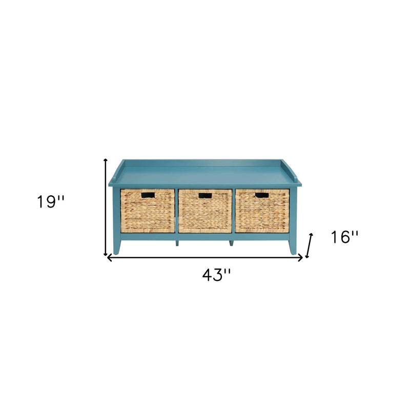 43" Teal Blue Solid Wood Storage Bench with Drawers - Living Room