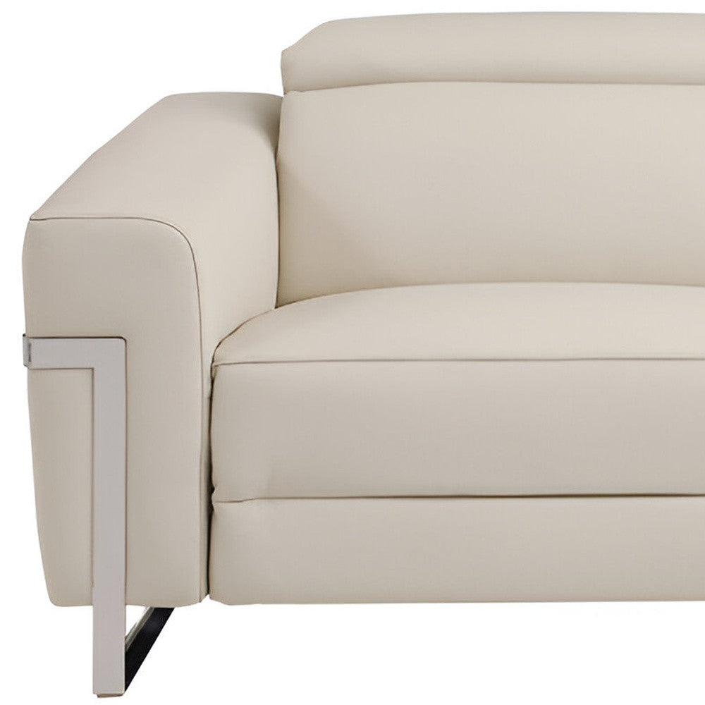 83" Beige Italian Leather USB Reclining Sofa With Silver Legs - Living Room
