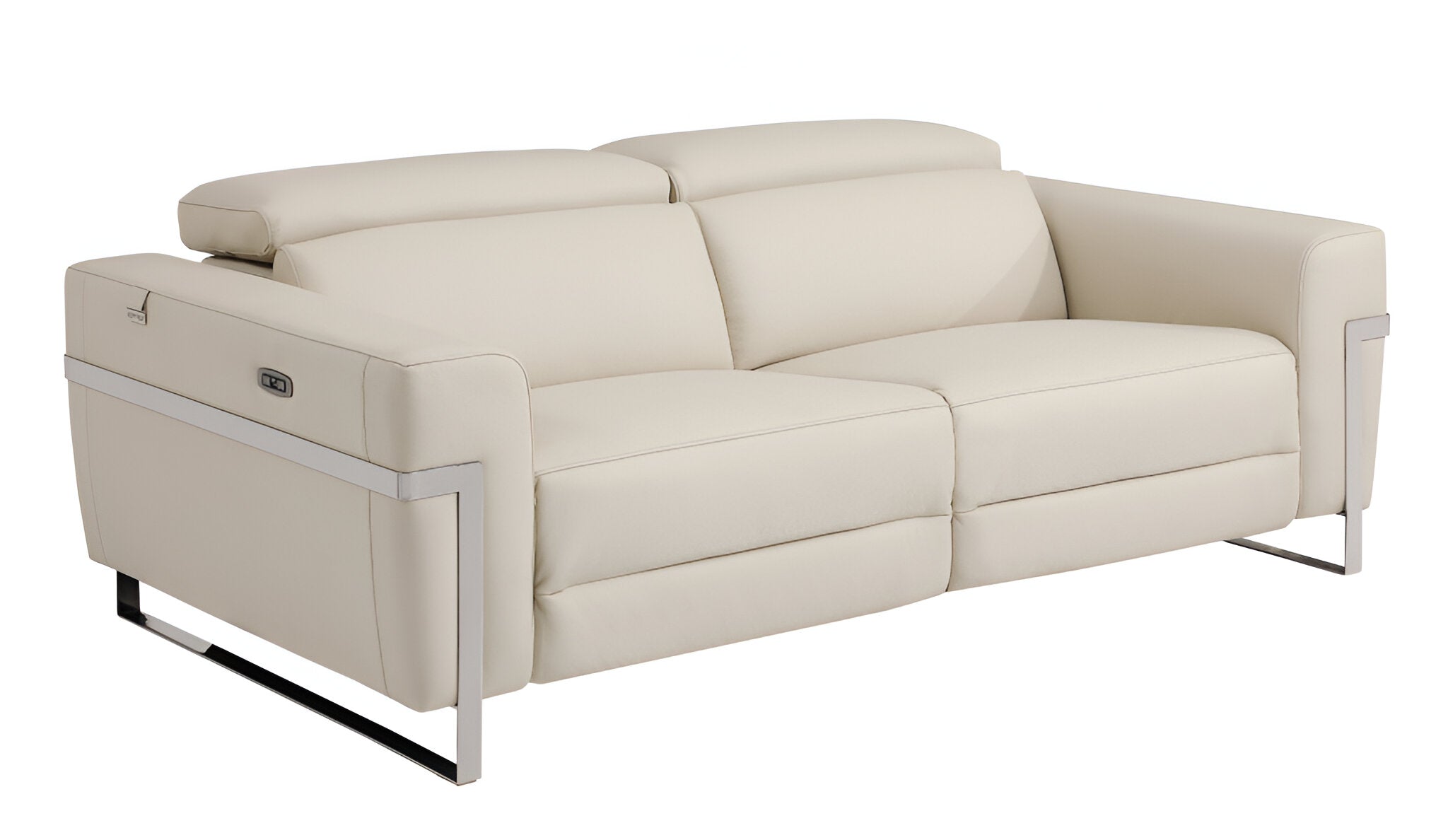 83" Beige Italian Leather USB Reclining Sofa With Silver Legs - Living Room