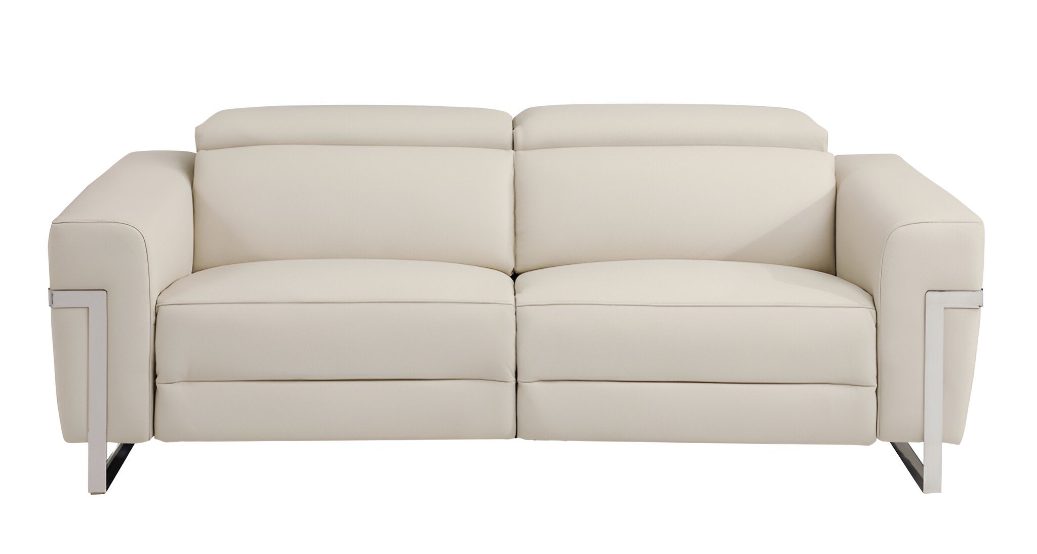 83" Beige Italian Leather USB Reclining Sofa With Silver Legs - Living Room