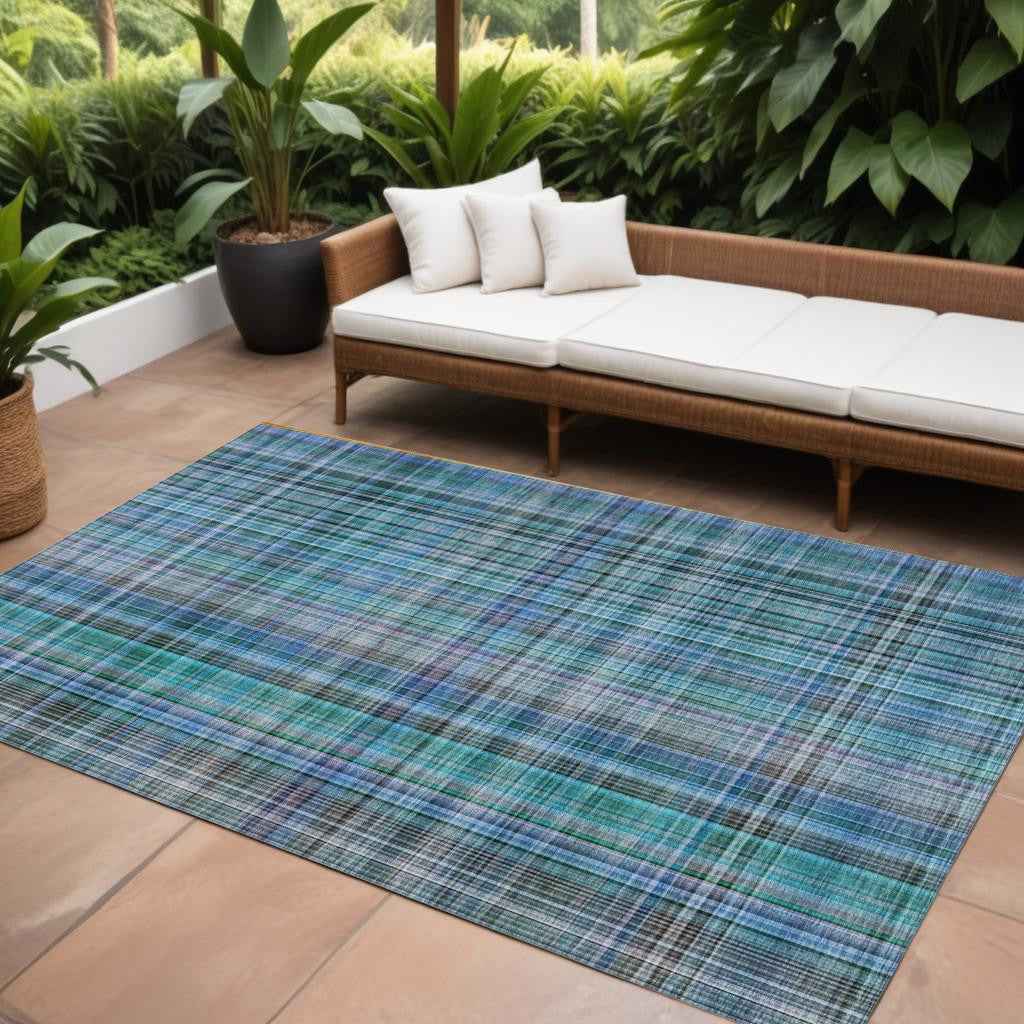 10' X 14' Blue Teal and Gray Plaid Washable Non Skid Indoor Outdoor Area Rug