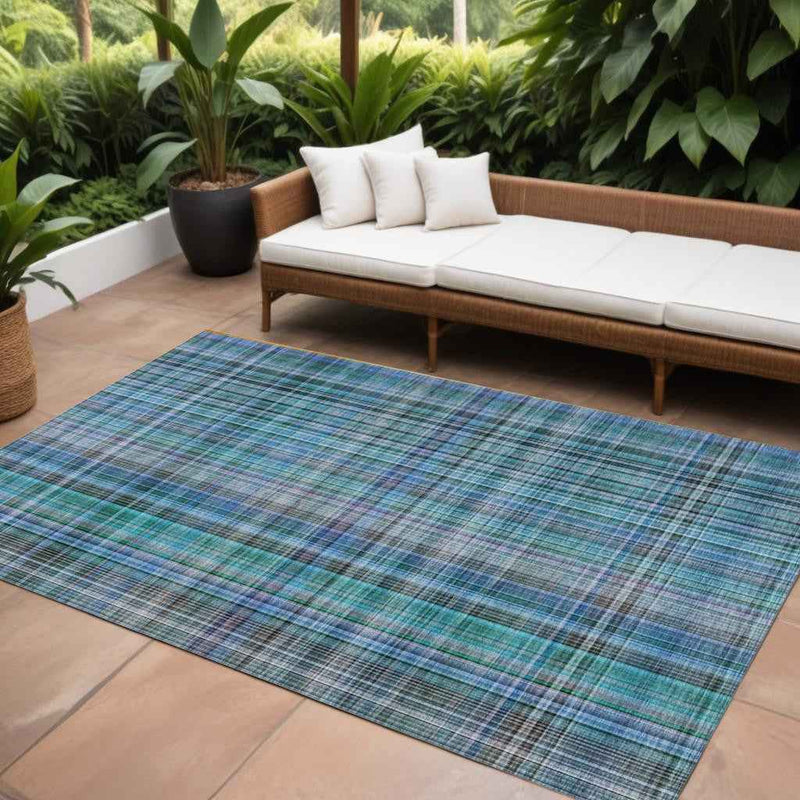 10' X 14' Blue Teal and Gray Plaid Washable Non Skid Indoor Outdoor Area Rug