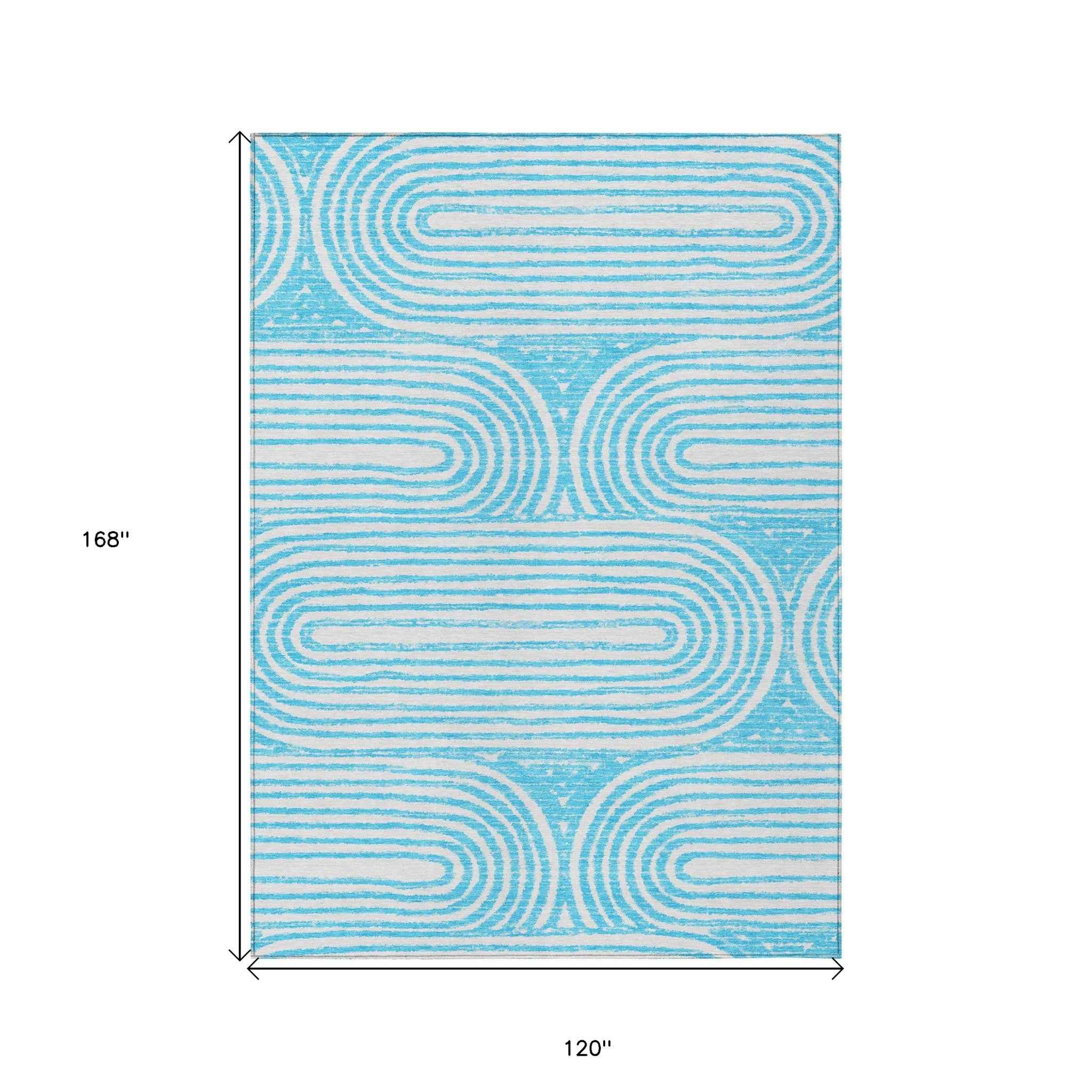 10' X 14' Teal and White Abstract Washable Non Skid Indoor Outdoor Area Rug