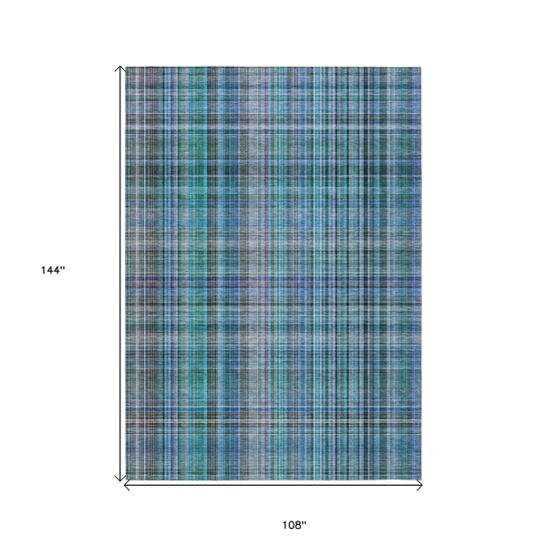 9' X 12' Blue Teal and Gray Plaid Washable Non Skid Indoor Outdoor Area Rug